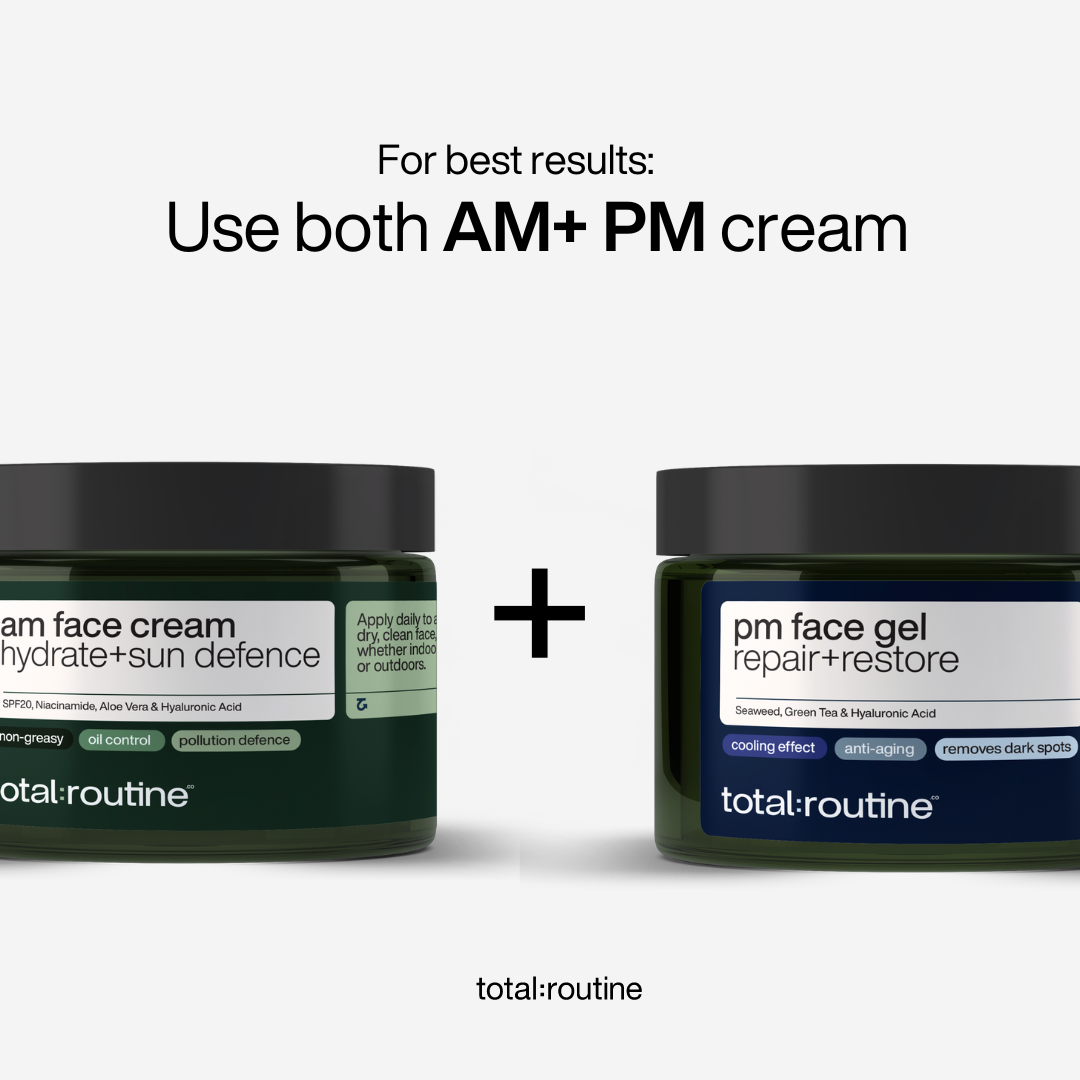 Image of two skincare products with text: "Use both AM+PM cream for best results."