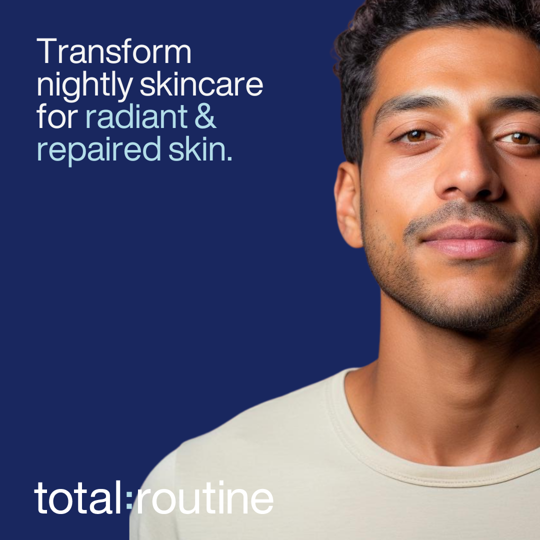 Person in a beige shirt with text about skincare, and the word "total:routine" below.