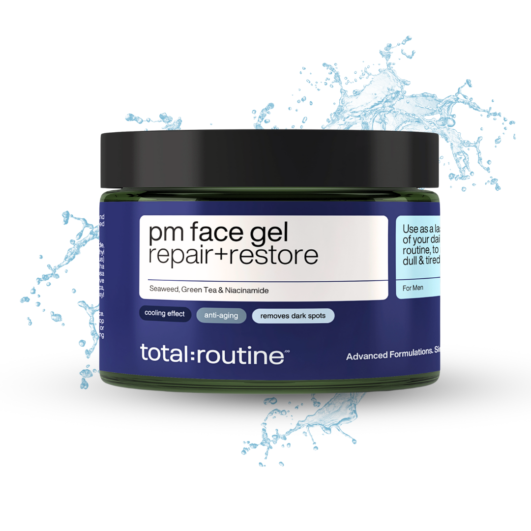 Jar of "pm face gel repair+restore" for men with seaweed, green tea, and niacinamide.
