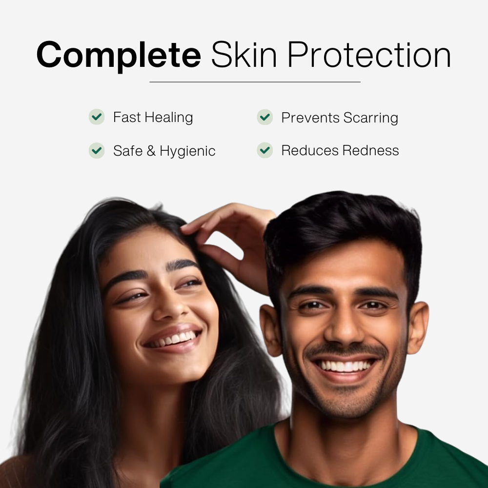 Ad for skin protection listing benefits like fast healing and scarring prevention, with a man and woman from behind.