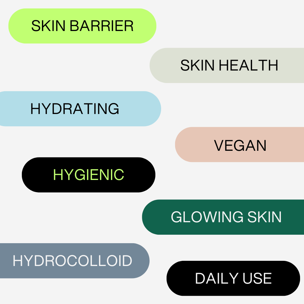 Colorful tags with skincare terms: Skin Barrier, Hydrating, Hydrocolloid, Skin Health, Vegan, Hygienic, Glowing Skin, Daily Use.