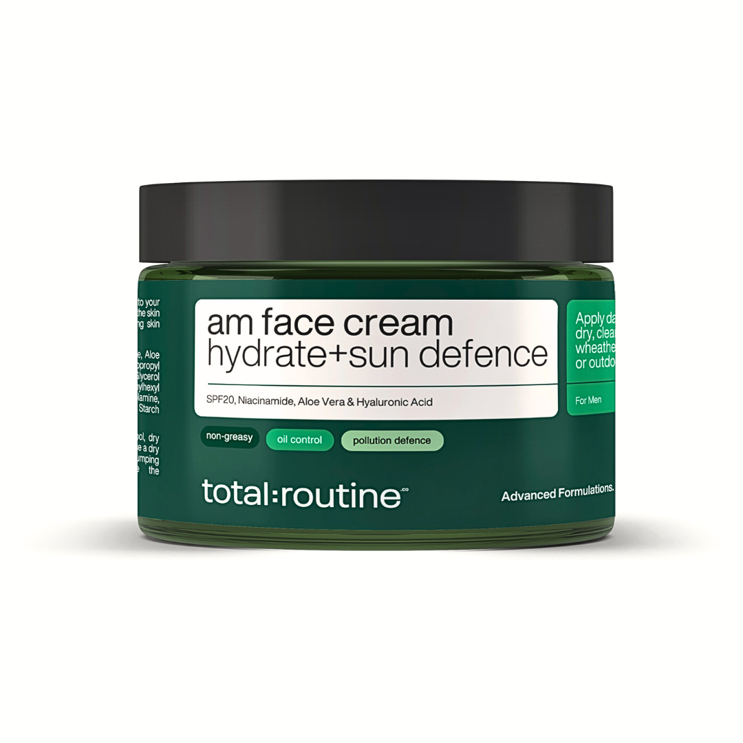 Jar of 'total:routine' AM face cream for men with SPF20, niacinamide, aloe vera, and hyaluronic acid.