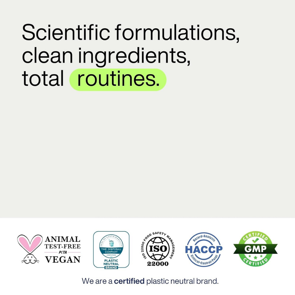Ad for a plastic-neutral brand highlighting scientific formulations and various certifications like vegan and ISO 22000.