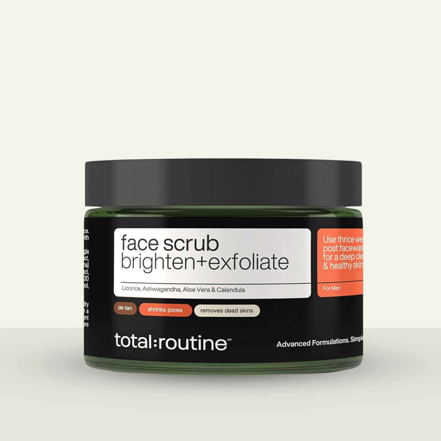 Container of "total:routine" men's face scrub to brighten and exfoliate.