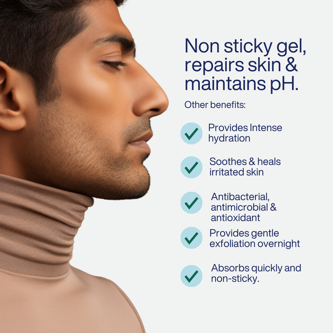 Ad for skincare gel listing benefits like hydration, soothing skin, and antibacterial properties.