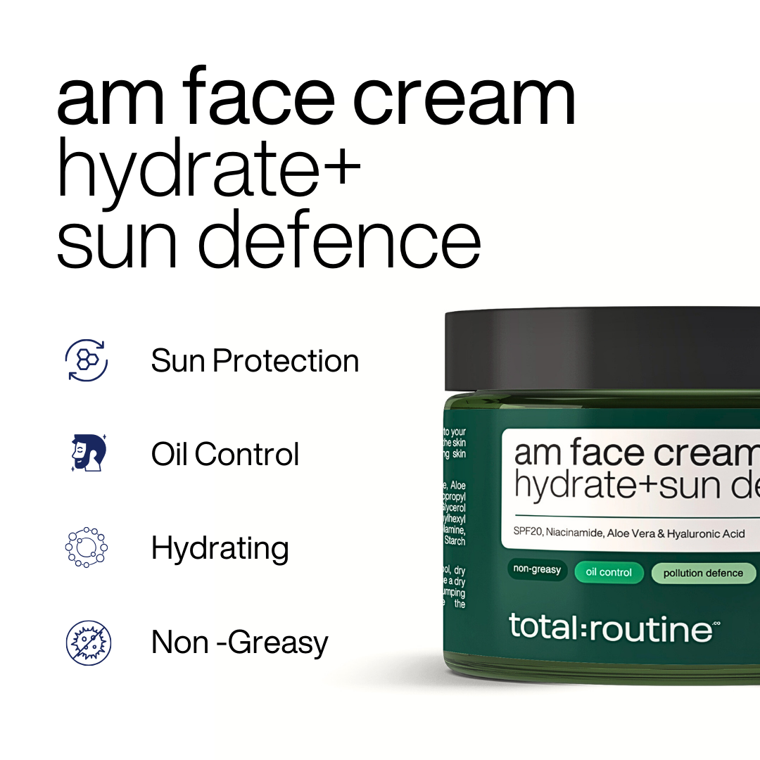 Jar of AM face cream for hydrate+ sun defence with sun protection, oil control, hydrating, non-greasy features.