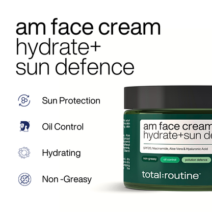 Jar of AM face cream for hydrate+ sun defence with sun protection, oil control, hydrating, non-greasy features.