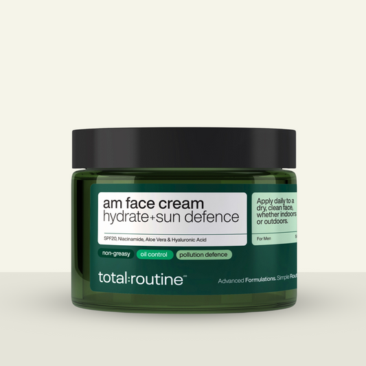 Jar of "am face cream hydrate+sun defence" for men with SPF20, niacinamide, aloe vera, and hyaluronic acid.
