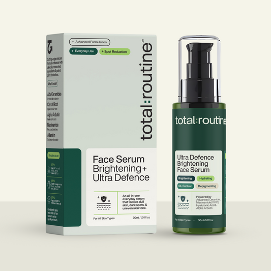 Skincare product packaging for 'total:.routine Ultra Defence Brightening Face Serum' with benefits listed.