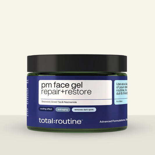 Jar of 'pm face gel repair+restore' with features like cooling effect and anti-aging for men.