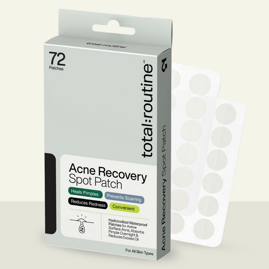 Acne spot patch packaging with product details and strips of patches visible beside it.